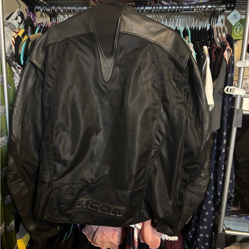 ICON Black Leather Performance Motorcycle Jacket with Armor - Picture 2 of 4